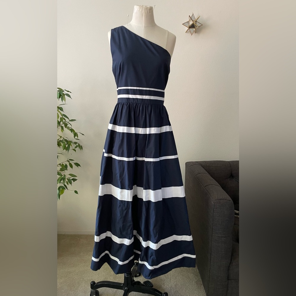 J.Crew one-shoulder maxi dress in cotton poplin w/ ribbon stripes. Size 12